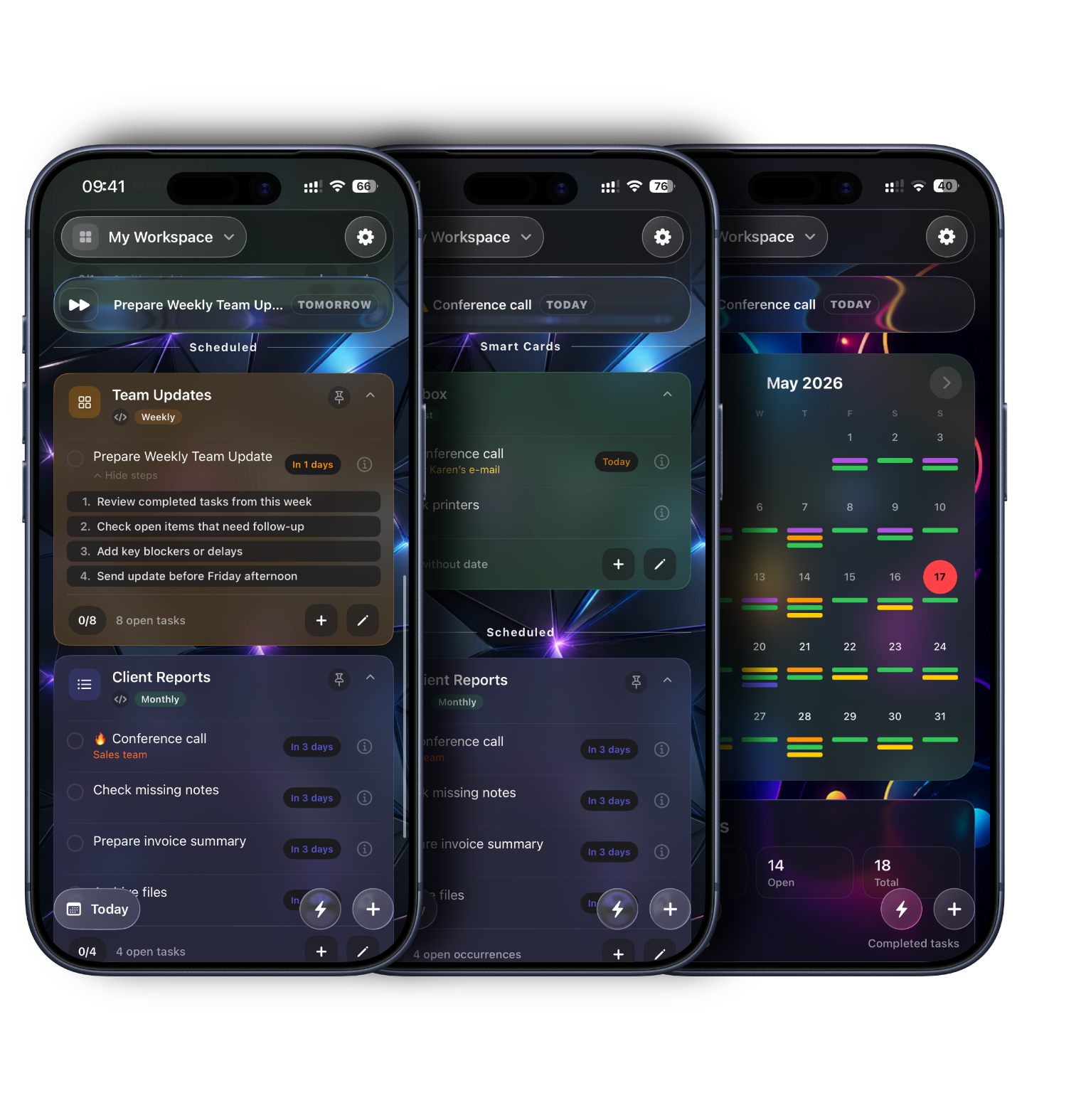Caledo on three iPhones: procedure steps, cards with recurring tasks and a monthly calendar. English interface with example data.