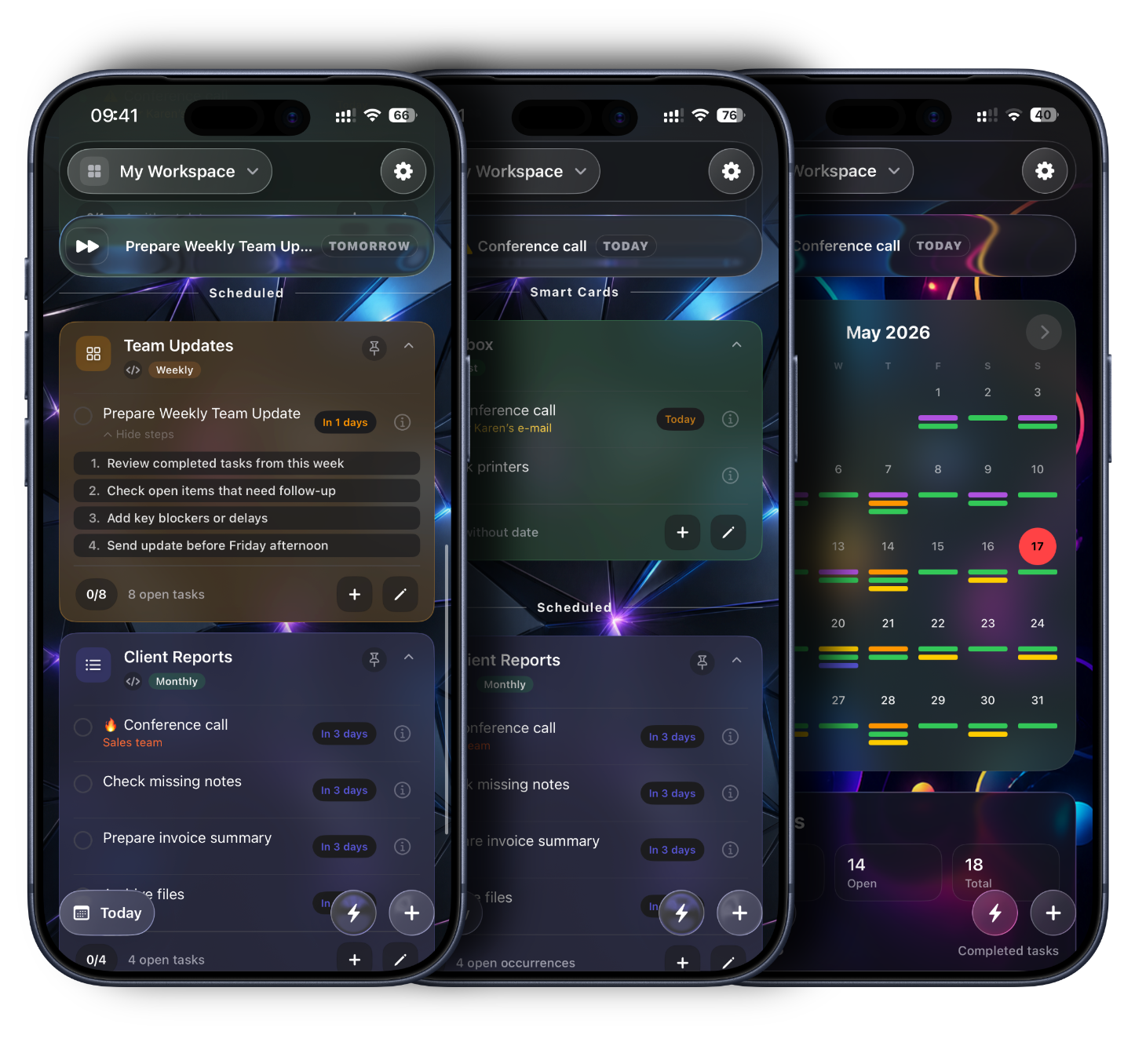 Caledo su tre iPhone: passaggi di una procedura, card con attività ricorrenti e calendario mensile. Interfaccia in inglese con dati di esempio.